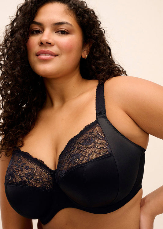 curvy woman wearing a big cup bra in black with stretch lace
