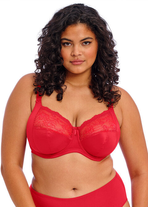 curvy woman wearing a big cup bra in red with stretch lace