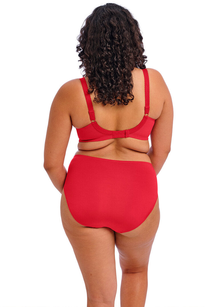 curvy woman wearing a big cup bra in red with stretch lace