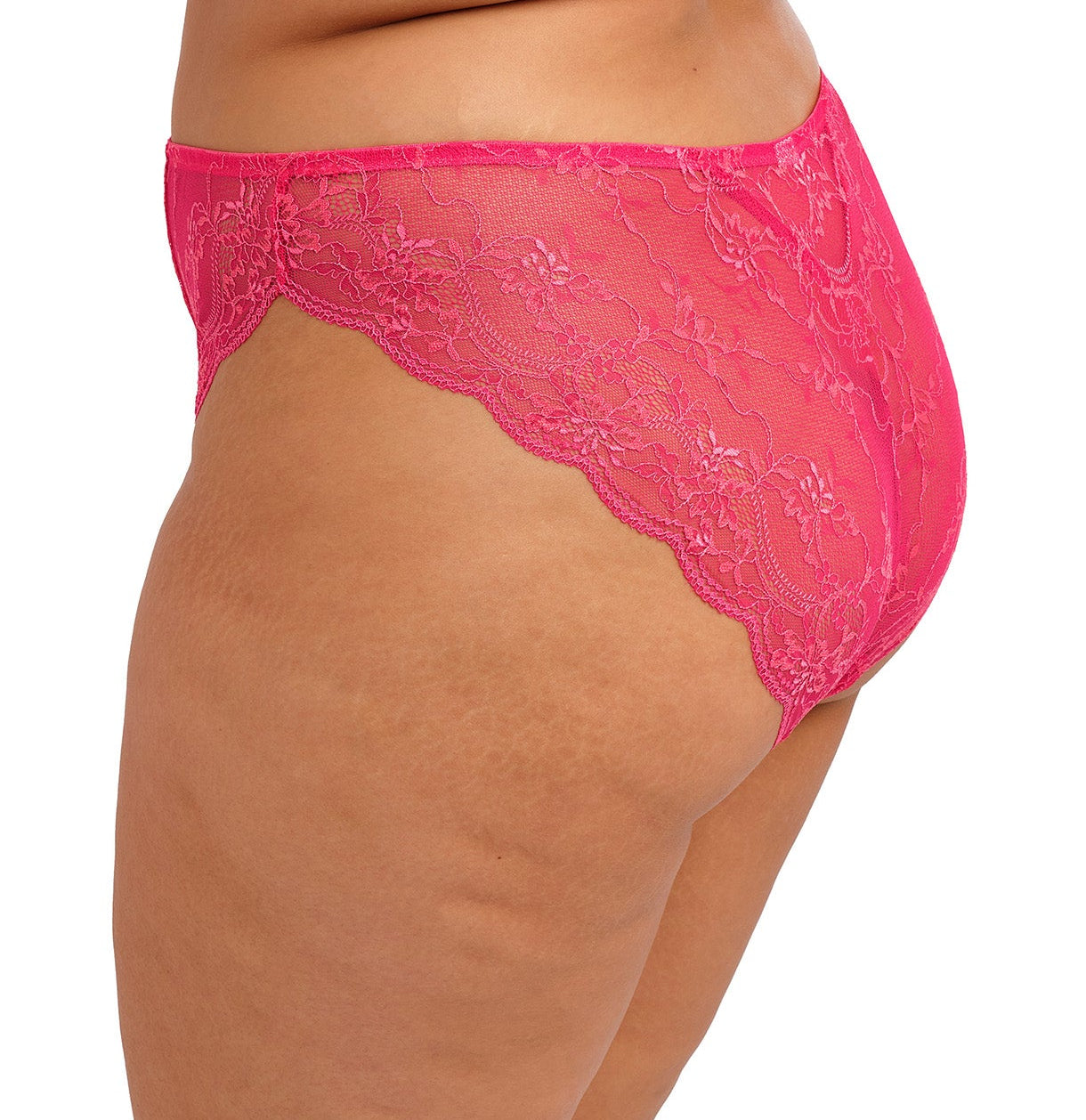 curvy woman wearing a azalea pink lace high leg brief 
