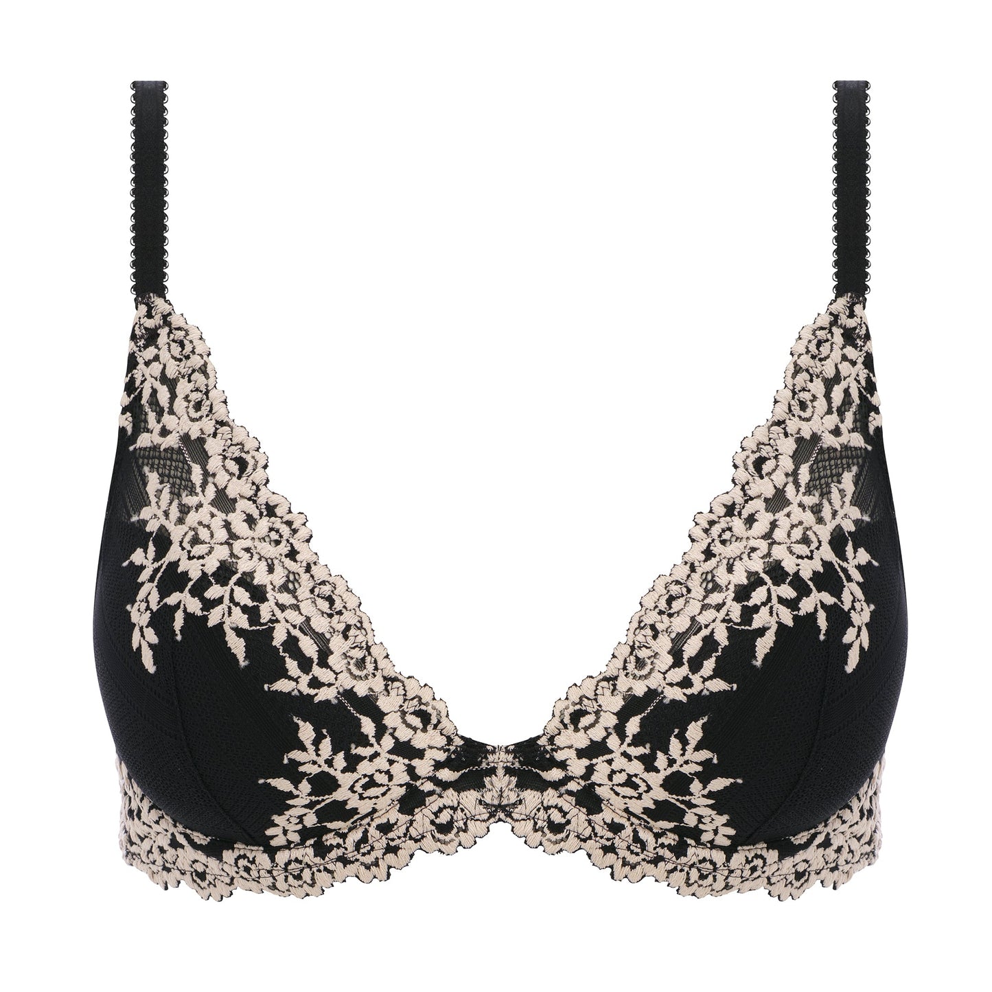 black lace plunge bra with flower details in ivory color
