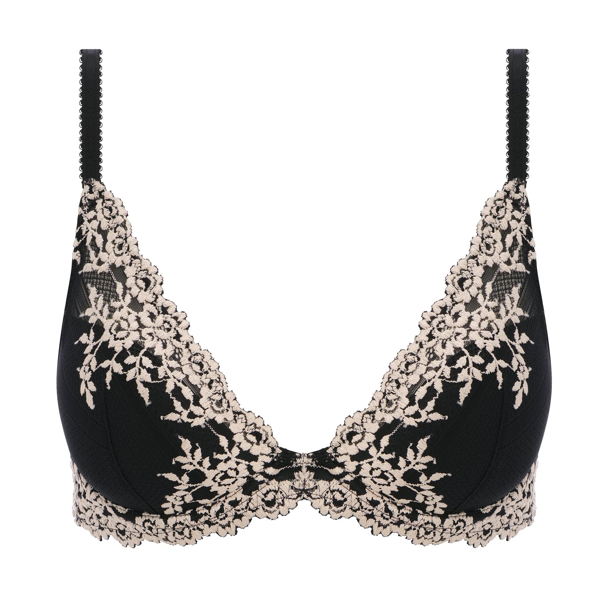black lace plunge bra with flower details in ivory color