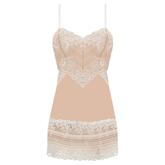 woman 's chemise nightwear dress in  mesh with embroidered ivory flowers