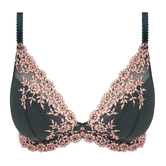 grey steelblue push up bra with beautiful pink embroidered flowers