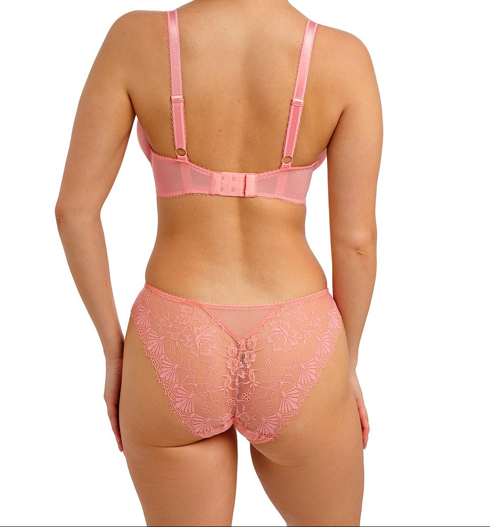 woman wearing a lace brief in peach color