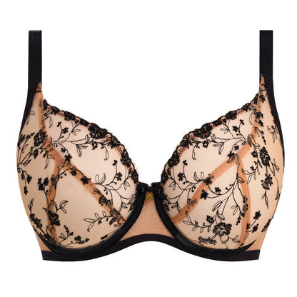 underwired big cup plunge bra in mesh with embroidered tattoo like flowers