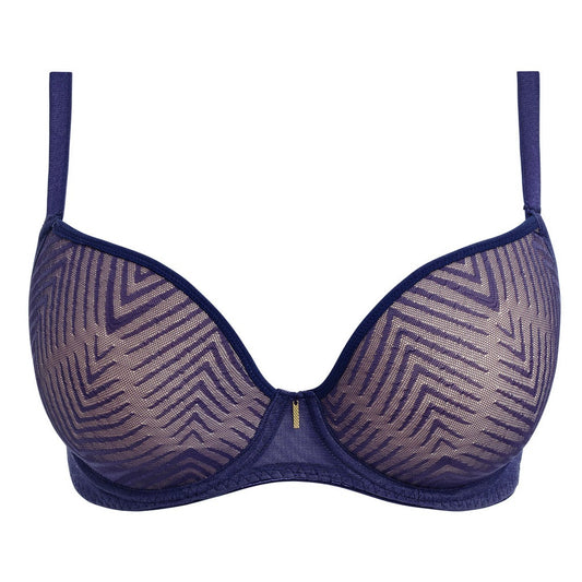big cup moulded plunge t-shirt bra in dark sapphire with an abstract stripe pattern