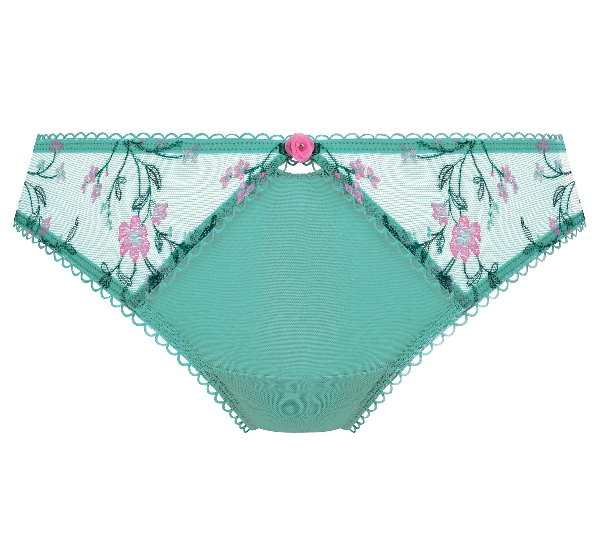 women's brief with Delicate pink floral embroidery blooms alongside deep aqua leaves, set across a sheer mesh base in an aqua hue.