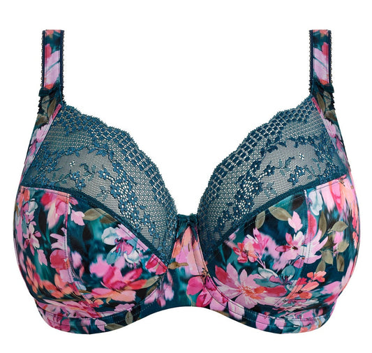 big cup bra with flower pattern and lace in teal color