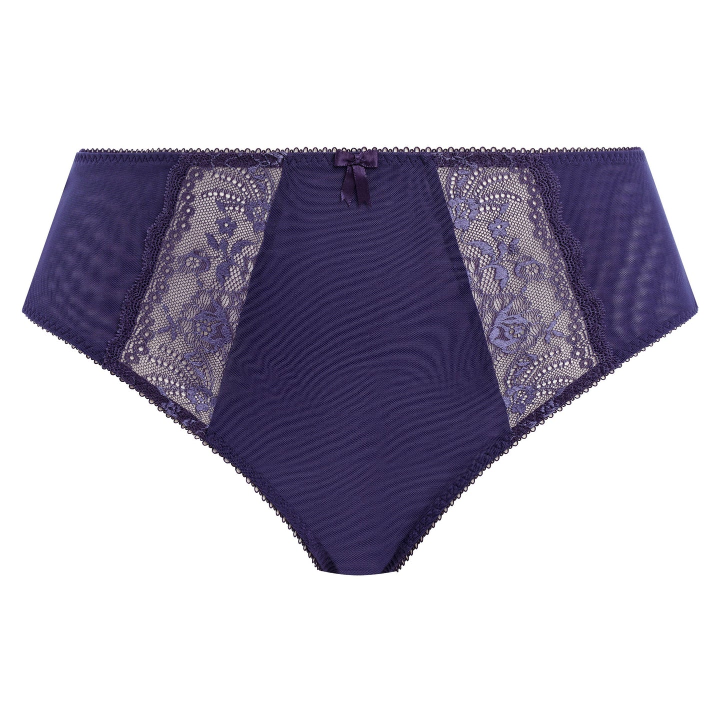 Midnight blue underwear with lace detailing on a white background