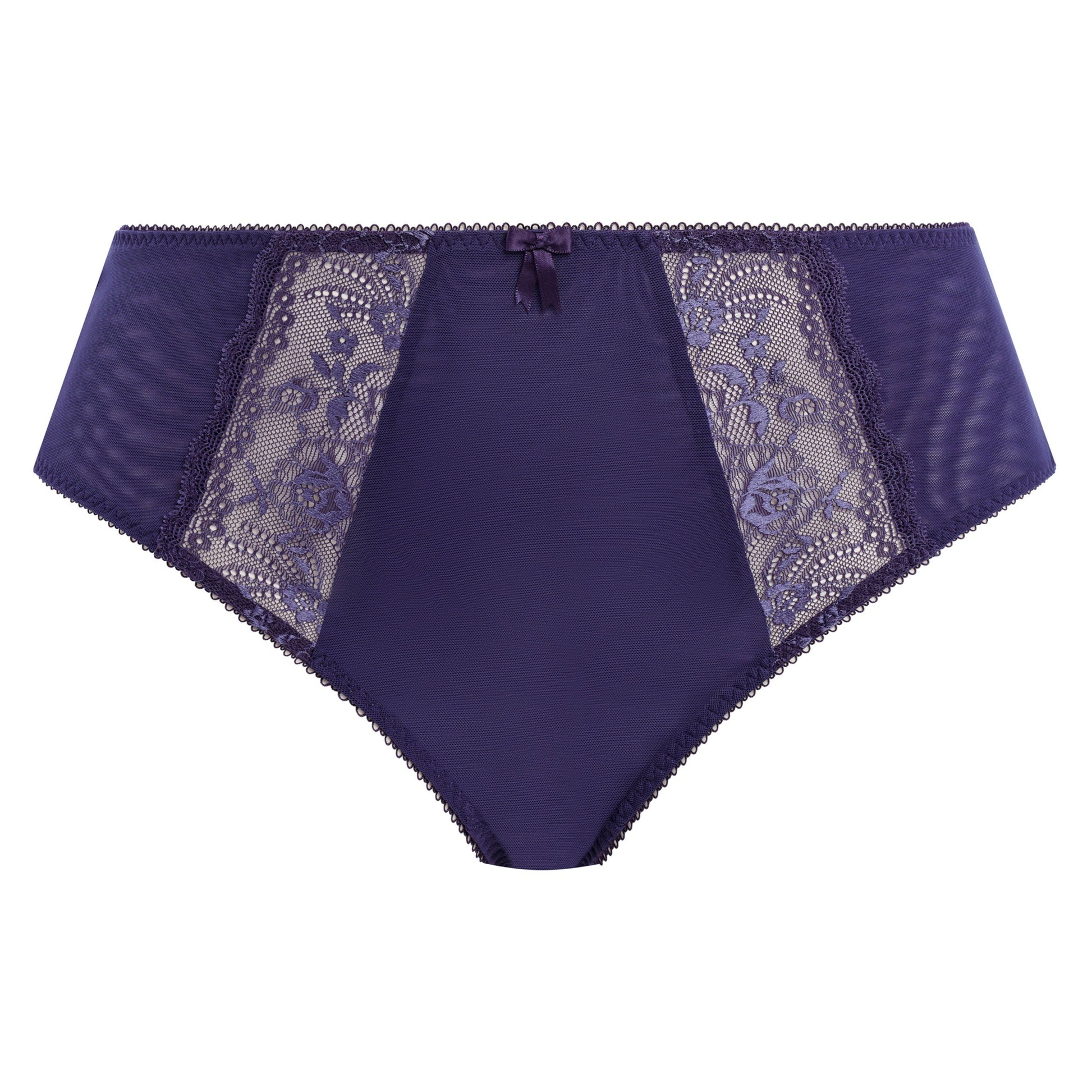Midnight blue underwear with lace detailing on a white background