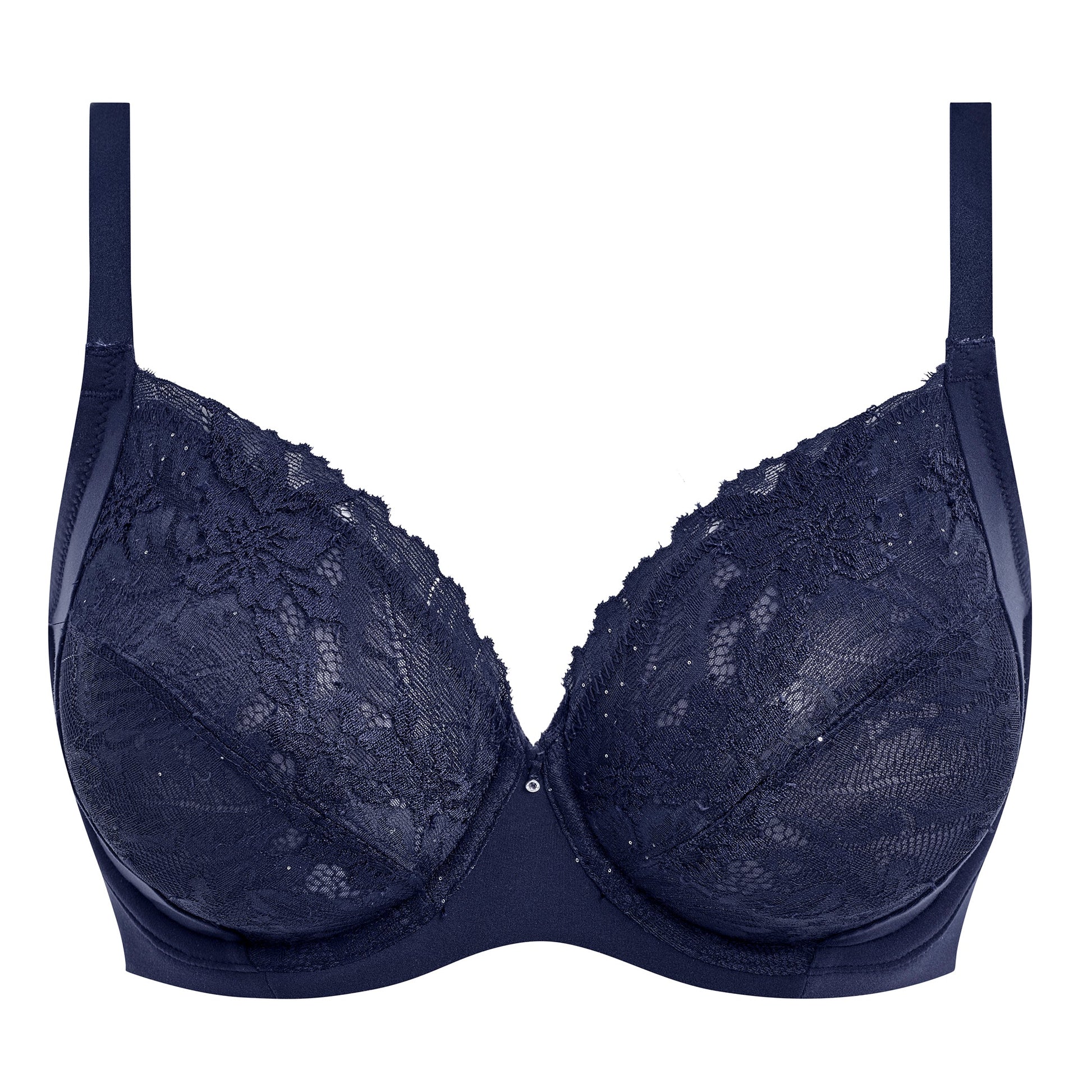 dark blue bra with mesh , lace details and strass accents