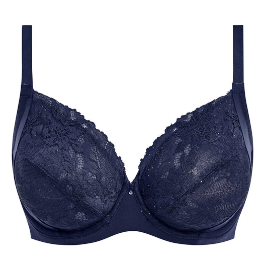 dark blue bra with mesh , lace details and strass accents