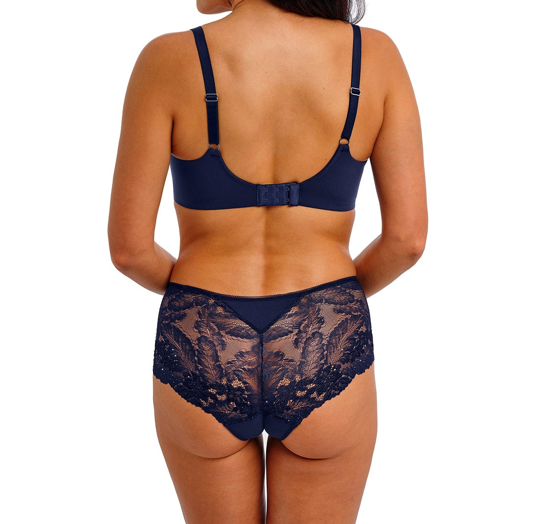  woman's lingerie short in dark blue lace with little strass details