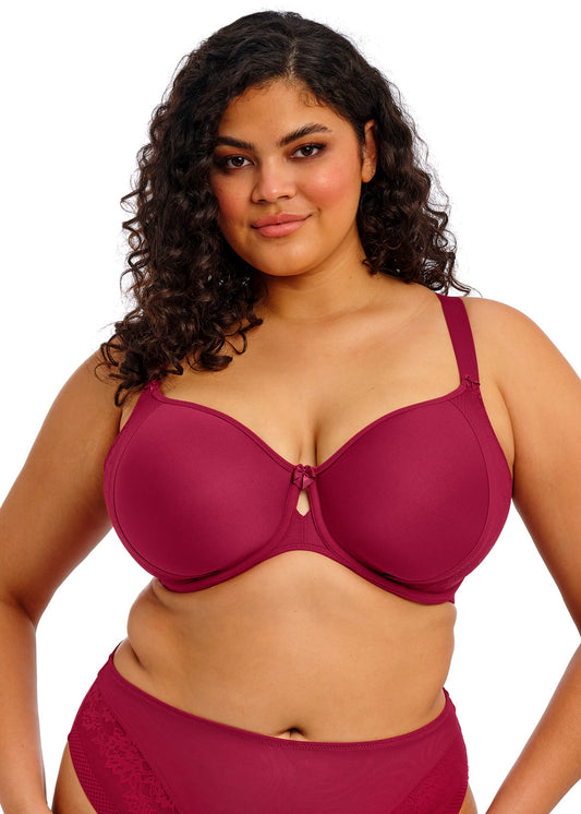 curvy woman wearing a wine red big cup moulded spacer bra