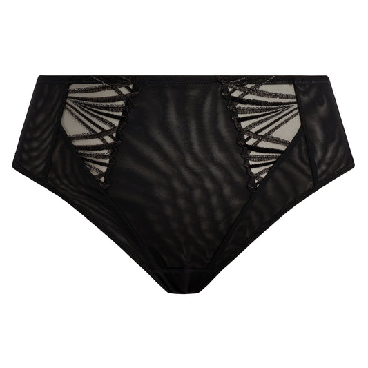 Black lingerie bottom with geometric lace pattern on a white background