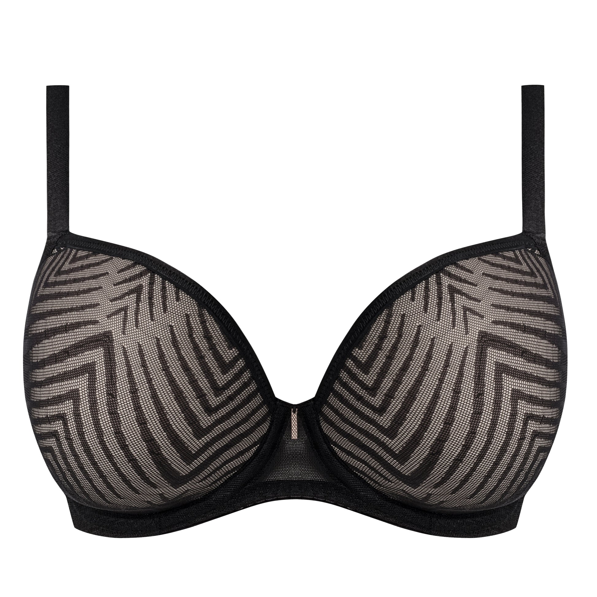 big cup moulded plunge bra in black with abstract stripe pattern