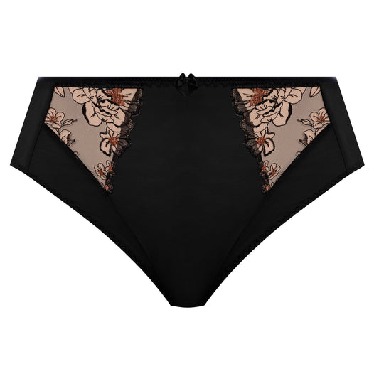 plussize highwaist  highleg brief in black mesh with flower details in almond