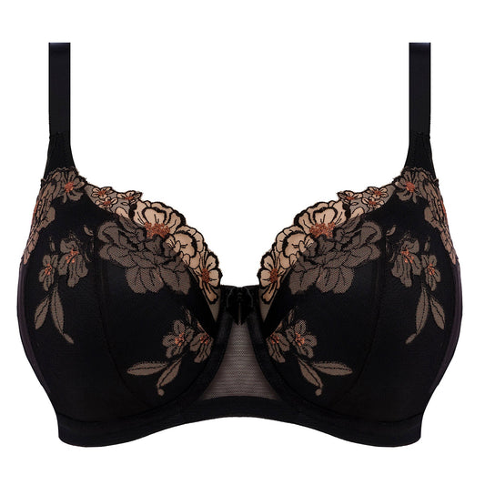 black big cup padded bra with lace and embroidered flowers in almond colour