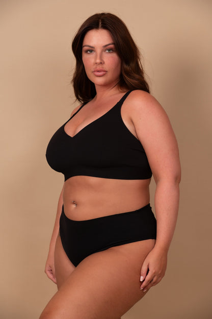 The Class Full Bikini Top black full coverage V-cut adjustable straps buckle closure for fuller breasts