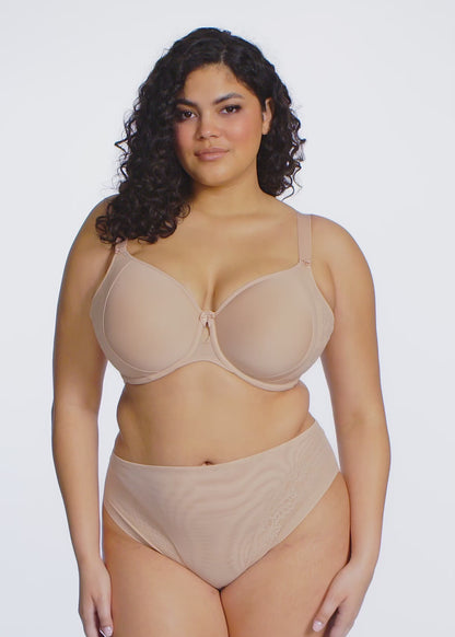 curvy woman wearing Beige high-waisted lingerie on a white background